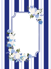 Hand draw frame with graphic tiles, lines, with watercolor blue and white hydrangea, wildflowers.
