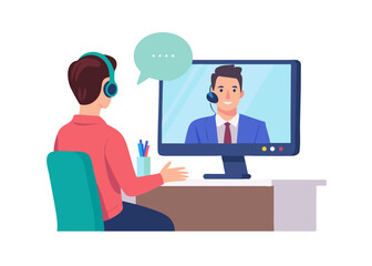 Online job interview concept. Vector illustration in a modern flat style of a young man in headphones who communicates with a female colleague via video call on a computer.