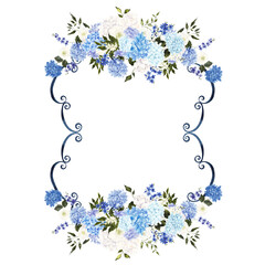 Hand draw frame with watercolor and graphic blue and white flowers, wildflowers and hydrangea, isolated on white background