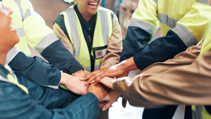 Hands, stack and people for shipping partnership, team mission or support with unity at warehouse. Delivery, logistics and collaboration goals with group, motivation and distribution community