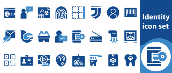 Identity icon set, authentication, biometric, solid, detection, check, collection, theft, eye, badge, face, driver, online, card, trust, professionalism, distinction and more