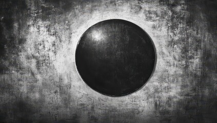 Dark circular object on textured gray wall
