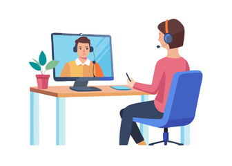 Online job interview concept. Vector illustration in a modern flat style of a young man in headphones who communicates with a female colleague via video call on a computer.