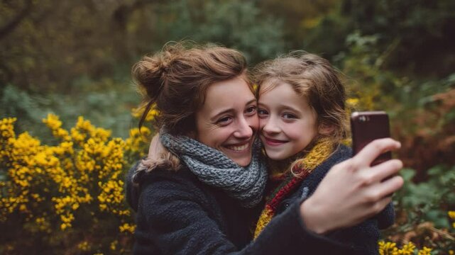 Mother and Daughter Selfie in Nature: A heartwarming image of a mother and her daughter embracing amidst a vibrant backdrop of blooming gorse bushes.