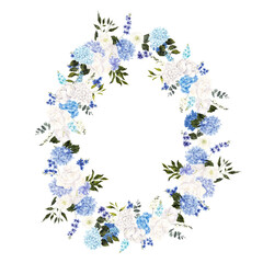 Watercolor hand draw wreath with blue hydrangea, wildflowers, isolated on white background