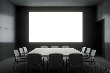 A modern boardroom with empty screen and empty chairs. A sleek and minimalist setting ready for presentation or meeting. The room has a spacious and uncluttered ambiance