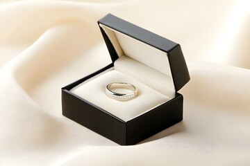 Rings in modern box on fabric white background	
