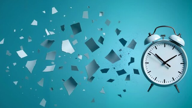 Exploding Alarm Clock Animation - Disintegrating Timepiece with Flying Parts on Turquoise Background for Time Management Videos and Deadline Concept Presentations