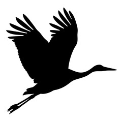 Black Silhouette of Sandhill Crane Gracefully Flying Against White Background
