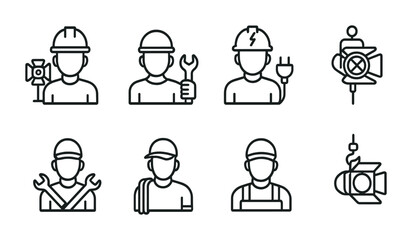 Construction workers line icons set – flat, linear, building and industrial symbols