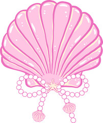 Coquette Pink Clam Seashell with Pearl Ribbon Bow Hand Drawn