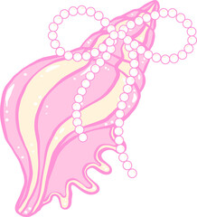 Girly Pink Conch Seashell with Pearl Ribbon Bow Hand Drawn