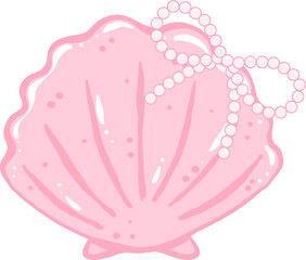 Cute Coquette Pink Clam Seashell with Pearl Ribbon Bow Hand Drawn