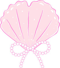 Coquette Pink Heart Seashell with Pearl Ribbon Bow Hand Drawn