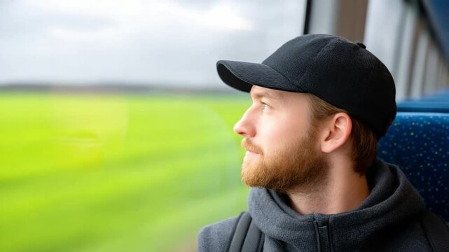 Daydreaming on Rails: A contemplative figure, framed by a window, gazes outwards at the world, creating a feeling of adventure and introspection as a blurred landscape races by.