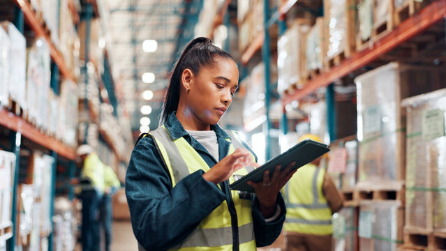 Woman, scroll on tablet and shipping at warehouse, logistics inspection or delivery for inventory management. Cargo, freight or supply chain with digital checklist, tech and stock check at plant