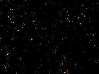 Elegant gold splatter texture on a black background. Abstract vector ink drops and glittery specks create a luxurious and festive design. Perfect for invitations, packaging, posters, branding
