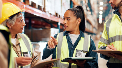 Distribution, tablet and team with clipboard, quality check and conversation with planning for inventory. Group, stock and people in factory, tech or advice for inspection, logistics or manufacturing