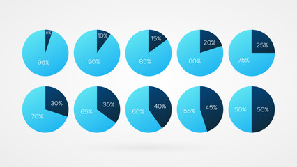 5 10 15 20 25 30 33 35 40 45 50 55 60 65 70 75 80 85 90 95 percent pie charts. Vector percentage infographics. Circle diagrams isolated. Illustrations for business, finance, report