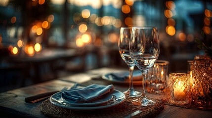 Fototapeta premium Romantic elegant dinner table setting with two wine glasses, candlelight and warm ambient glow