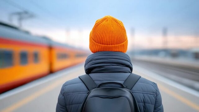 Passenger at the Station: A lone traveler in a warm orange beanie and backpack stands on a train platform, gazing at the departing train.