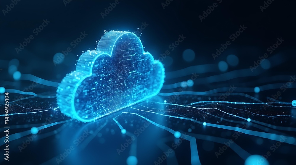 Poster abstract cloud icon with glowing circuit paths represents cloud computing, network connection, data 