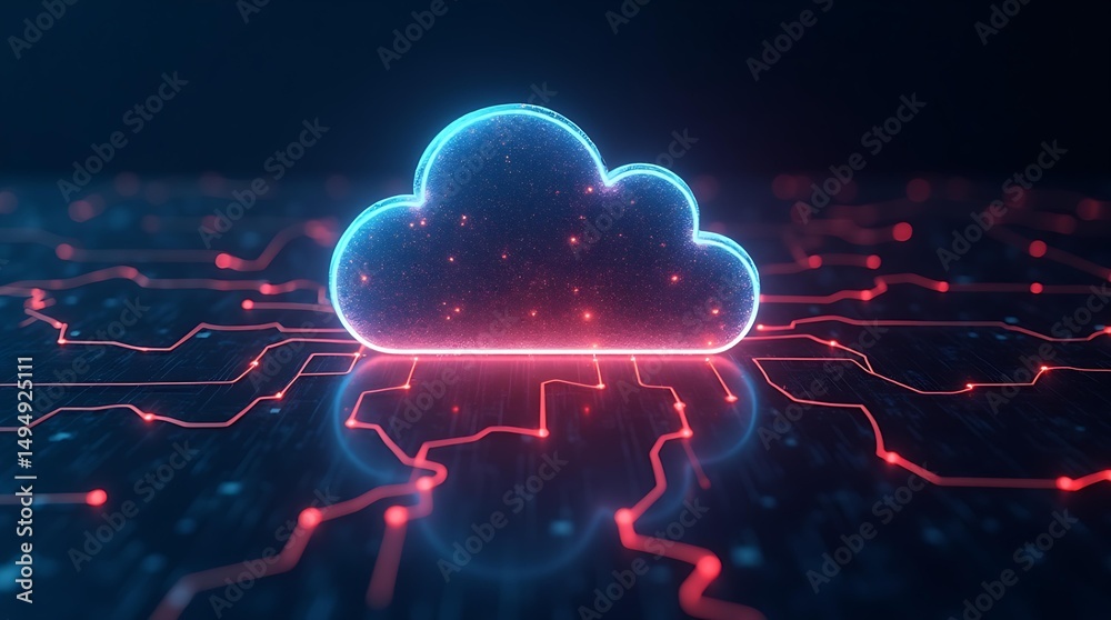 Poster abstract cloud icon with glowing circuit paths represents cloud computing, network connection, data 
