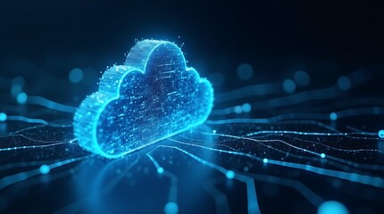 Abstract cloud icon with glowing circuit paths represents cloud computing, network connection, data storage, and digital technology concepts for online services.