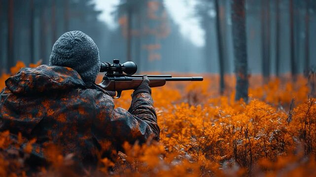Hunter aiming rifle in forest