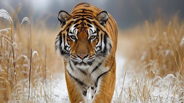 Majestic Tiger Walking Through Snowy Field With Tall Grasses In Winter Landscape Close Up Detailed Fur And Striking Orange and White Fur Potrait
