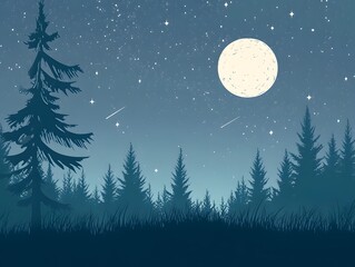 a beautiful serene night landscape featuring a full moon and a starlit sky, with silhouettes of trees in the foreground