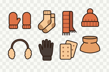 Winter clothing icons set &ndash; flat, cozy seasonal apparel and warm wear symbols