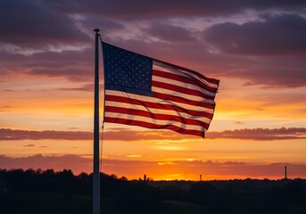 american flag on the sunset sky