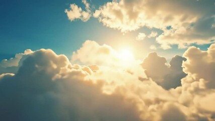 Radiant Sunlight Breaking Through Majestic Clouds in Bright Blue Sky, pov camera flying, 