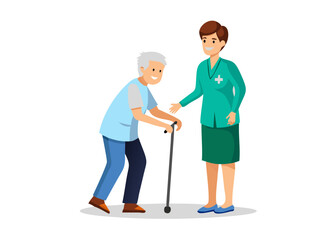 Elderly people support. Vector illustration of senior woman with walking stick and a young male nurse