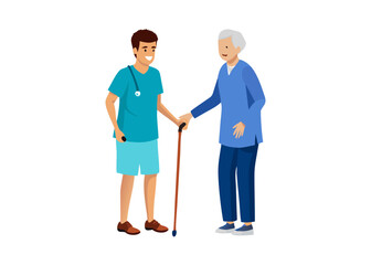 Fototapeta premium Elderly people support. Vector illustration of senior woman with walking stick and a young male nurse
