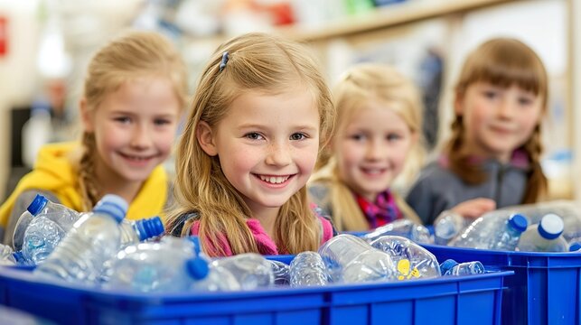Smiling children recycling plastic bottles in classroom