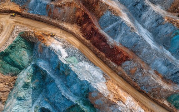 Aerial View of Colorful Mining Landscape with Road and Excavators