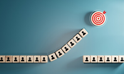 Red dartboard and red arrow connection linkage with human icon for customer focus target group and...