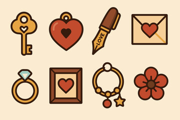 Love and romance icons set – flat, outline, affection and valentine symbols