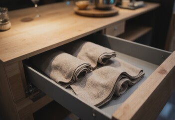 Neatly folded towels stored in a kitchen drawer for organization