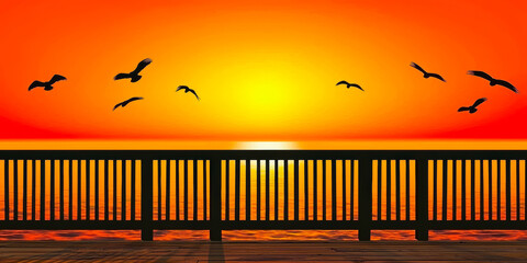 sunset over the ocean with a flock of seagulls flying over the ocean at sunset, over the railing of a pier or a bench