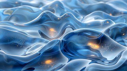 Obraz premium Abstract Blue Liquid 3D Background - Wavy Texture With Golden Glows
