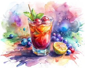 summer drink from fruits and berries. vitamin bomb. watercolor illustration