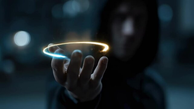 A dramatic scene featuring an analyst with holographic rings orbiting rapidly around their hand capturing an essence of futuristic data manipulation while surreal light effects emphasize