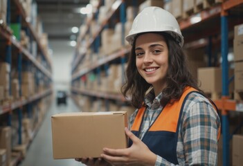 Smiling woman in a warehouse holding a cardboard box, showcasing her role in logistics