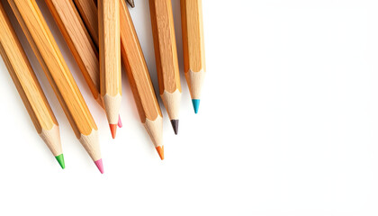 Natural wooden pencils with erasers on a clean white background, transparent top-down view, close-up. isolated with white highlights