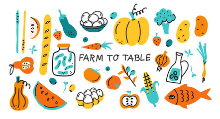 Local food, Farmer's market concept. Street food market booth with vegetables and fruits. Doodle style hand drawn vector illustration.
