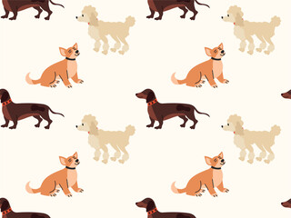 Seamless pattern with cute dogs of different breeds in different poses, on a white background