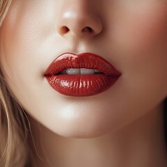 Fototapeta premium Detailed close-up of lip contouring showing makeup application, lip shape enhancement, and cosmetic technique suitable for beauty tutorials, makeup artistry, and cosmetic visuals --raw --stylize 250
